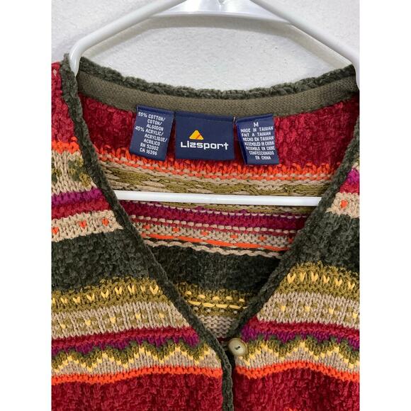 VTG Lizsport Chenille Knit Sweater Vest Stripes 3D Earthy V Neck Buttons Medium - Picture 6 of 7